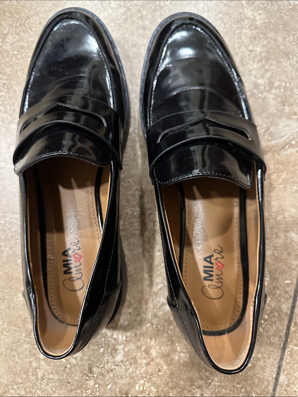 Mi Amore Black Patent Penny Loafers for women
